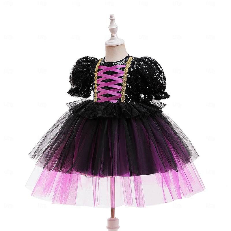Kids Girls' Party Dress Solid Color Short Sleeve Special Occasion Halloween Party Halloween Custome Sweet Polyester Summer Spring Fall kids Purple3