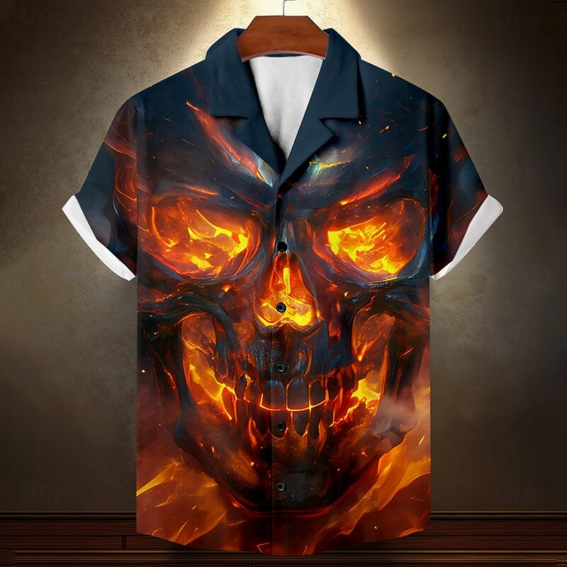 Halloween Men's Skull Flame Halloween Costumes Shirt Cuban Collar Shirt Button Up Shirt Short Sleeve Dark Gothic Style Vacation Holiday Streetwear Summer Camp Collar Shirt 3D Print Dark Blue