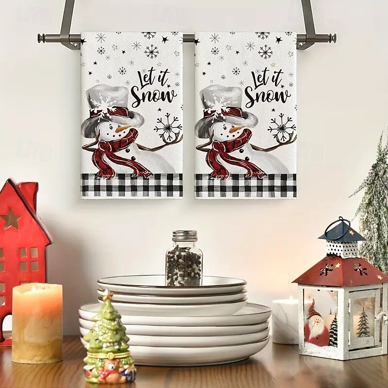 2pcs Christmas Buffalo Check Snowman Kitchen Towels – Seasonal Christmas Dish Towels, Hand Towels, Tea Towels for Winter Holiday and Home Decor2
