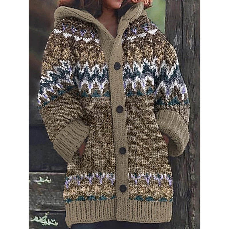 Women's Cardigan Vacation Vintage Daily Geometric Color Block Ribbed Hooded Knitted Print Front Pocket Long Sleeve Regular Tops Knit Outdoor Daily Holiday Blue Brown Fall Winter