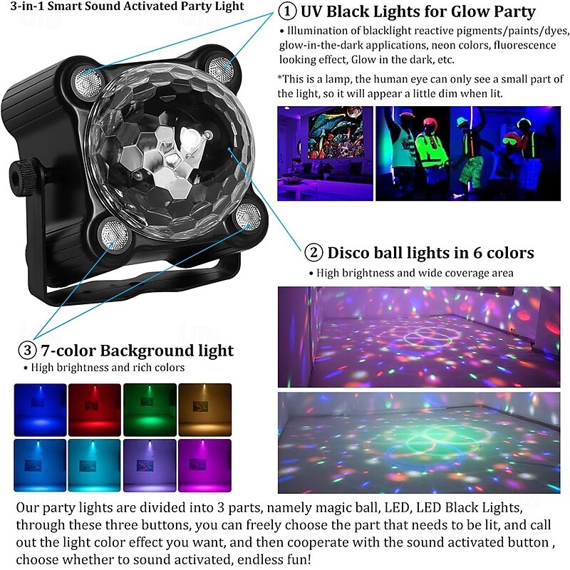 Disco Ball Party Lights Sound Activated Strobe DJ Stage Lighting for Indoor Room Outdoor Dance Floor Parties Birthday Rave Home Karaoke Halloween Christmas Wedding Show Bar Club Decorations3