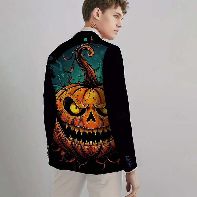 Halloween Men's Coat Blazer Party Street Festival Casual Daily British All Seasons 100% Polyester Pumpkin 3D Print Buttons Comfortable Single Breasted Blazer Black Orange Brown4
