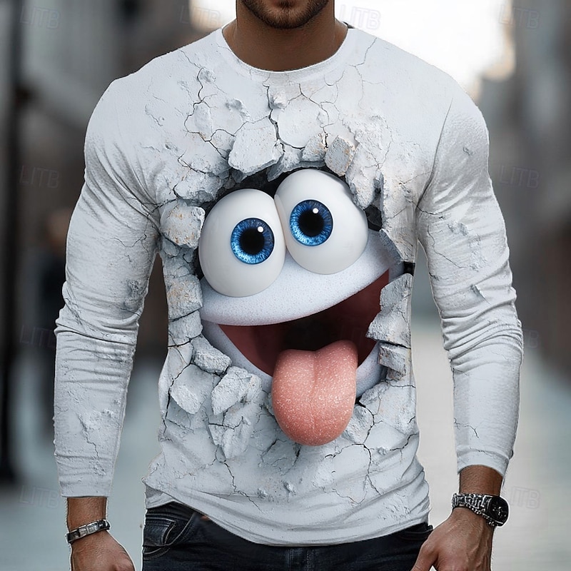 Men's 3D Funny Emotes T Shirt Long Sleeve T shirt 3D Print Crew Neck Shirt Fashion Exaggerated Street Daily Light Blue Yellow Blue Summer Spring Fall Clothing Apparel S M L XL XXL XXXL