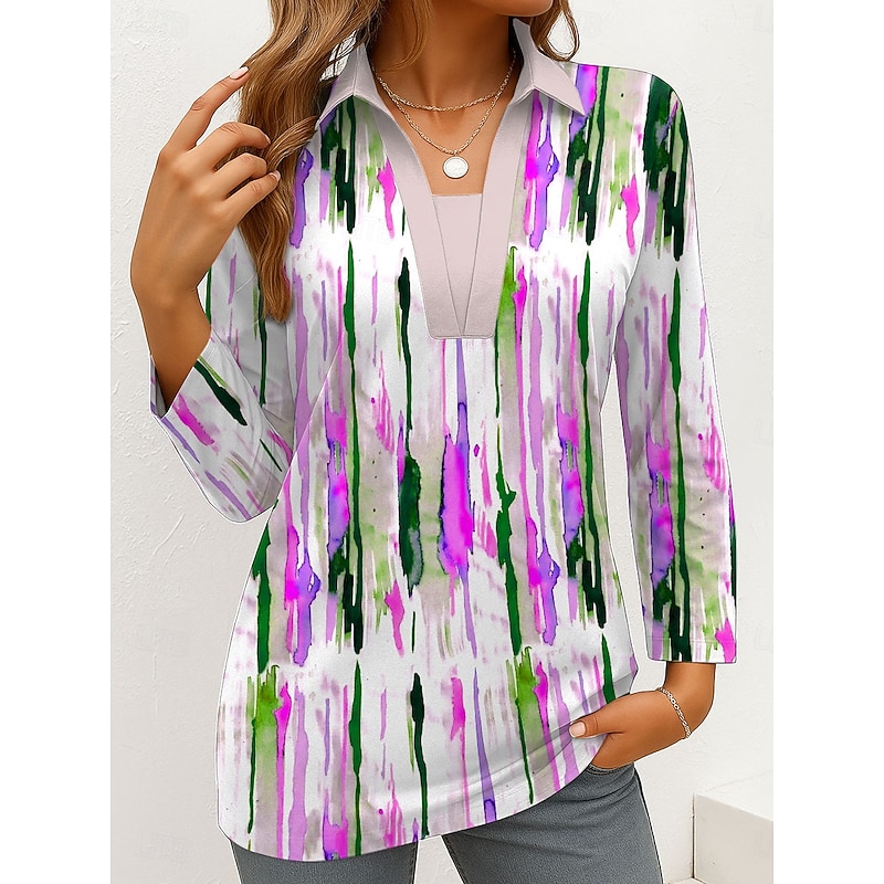 Women's T Shirt Graphic Geometric Abstract Vintage Stylish Modern Long Sleeve V Neck Shirt Collar Regular Tops Daily Weekend Formal Wear Print Purple Orange Green Summer Spring Fall Winter2