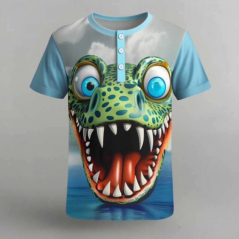 Men's Cartoon Crocodile T Shirt Henley Shirt Short Sleeve Designer Retro Vintage Trendy Street Casual Daily Summer Spring Light Blue Henley Henley T-Shirt