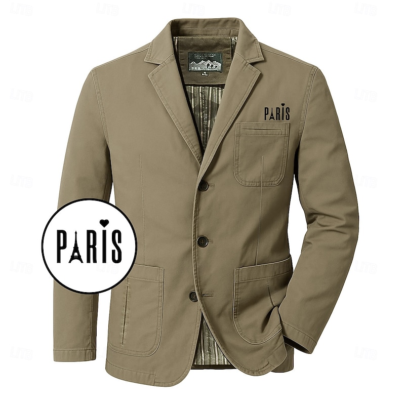 Men's Letter Printed Paris Blazer Cotton Suit Jacket Suits Coat Casual Outdoor Dailywear Multiple Pockets Three Button Stripe Lined Suit Jacket Fall Winter Notch lapel collar Long Sleeve Black khaki