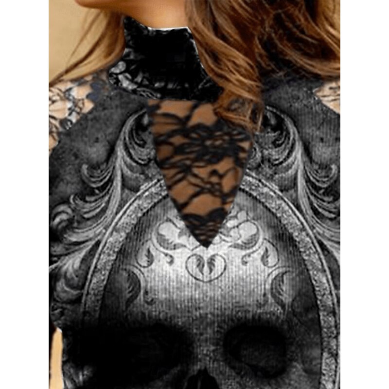 Halloween Women's Blouse Vintage Rock Hippie Long Sleeve High Neck Regular Tops Daily Print Black Green Spring Fall Winter2