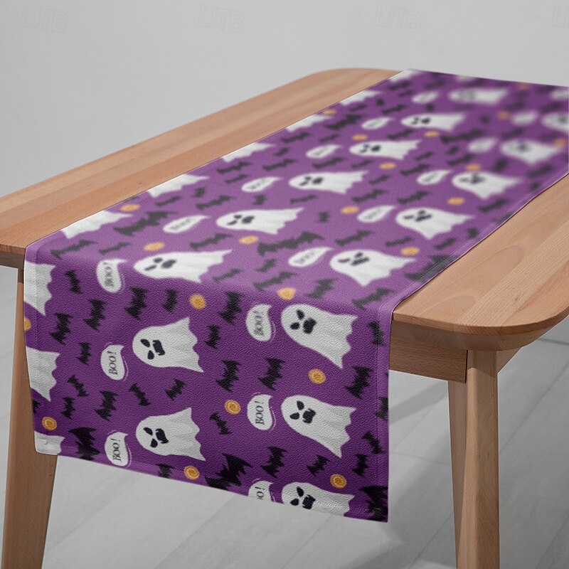 Halloween Table Runner Tablecloth, Ghost Pumpkin Printed Fabric Table Cover for Dining Room, Party, or Holiday Decoration4