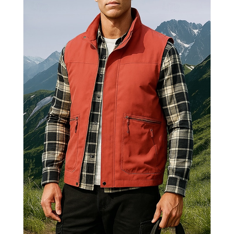 Men's Fishing Vest Cargo Vest Sleeveless Vest Outdoor Waterproof Windproof Multi-function Winter Zipper Polyester Black Army Green Orange Hunting Fishing Climbing3