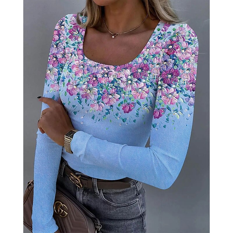 Women's T Shirt Ribbed Graphic Square Neck Long Sleeve Casual Tunic Floral Plants Vintage Stylish Regular Tops Daily Print Pink Blue Orange Green Summer Spring Fall