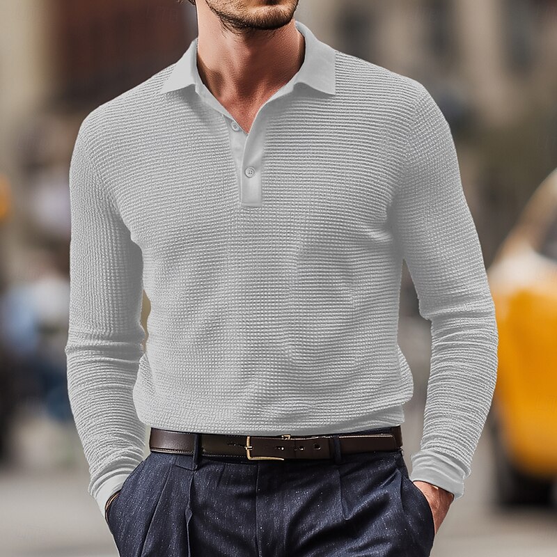 Men's Waffle Polo Shirts Golf Shirt Street Casual Lapel Long Sleeve Basic Modern Plain Textured Buttons Spring Fall All Seasons Regular Fit White Black Yellow Red Blue Gray Waffle Polo Shirts4