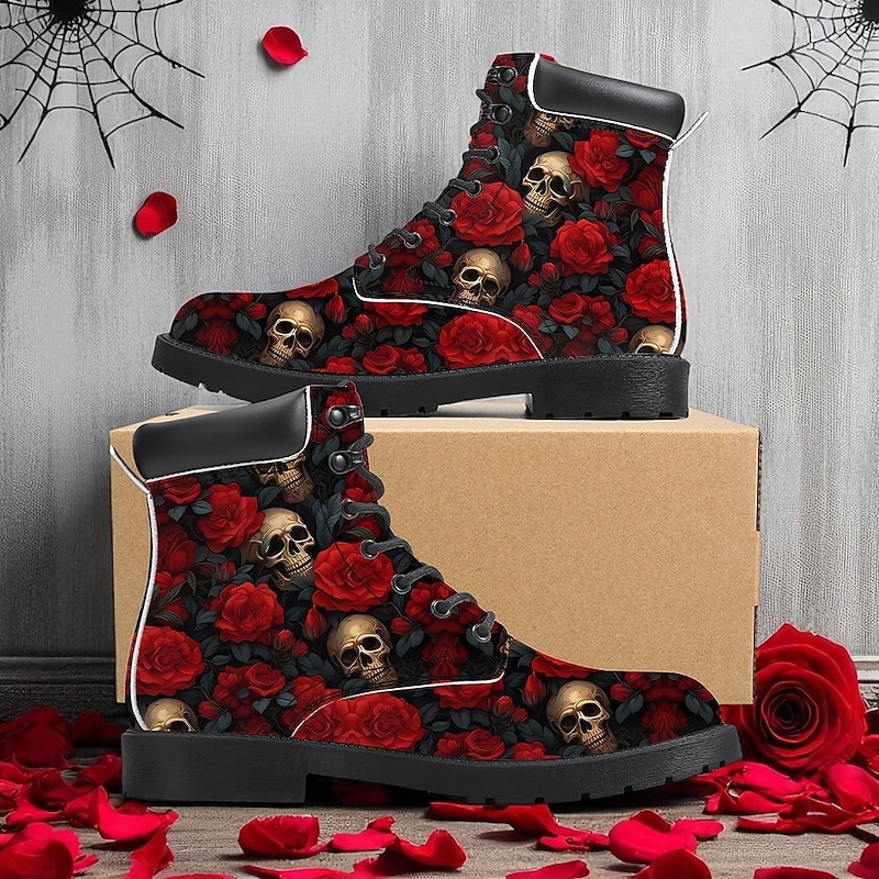 Men's Skull and Red Rose Combat Boots – Gothic Punk Lace-Up Ankle Boots for Halloween, Cosplay, Parties and Streetwear3