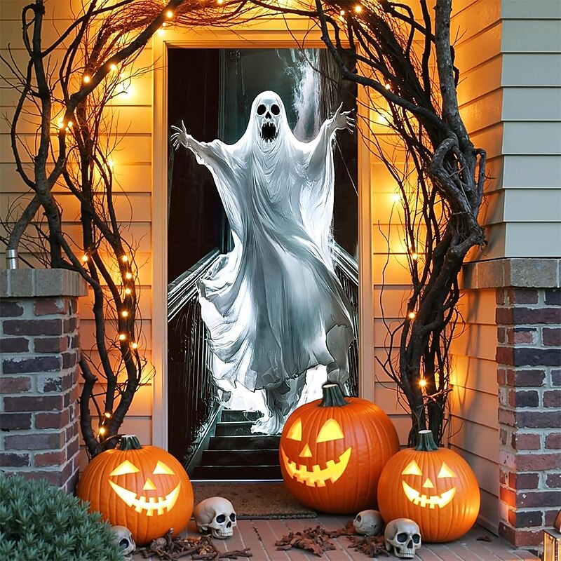 Halloween Door Cover Outdoor Banners Ghost Boo Psychedelic Dark Punk Gothic Style Party Outdoor Shooting Backgrounds Front Door Wall Porch Home Decor