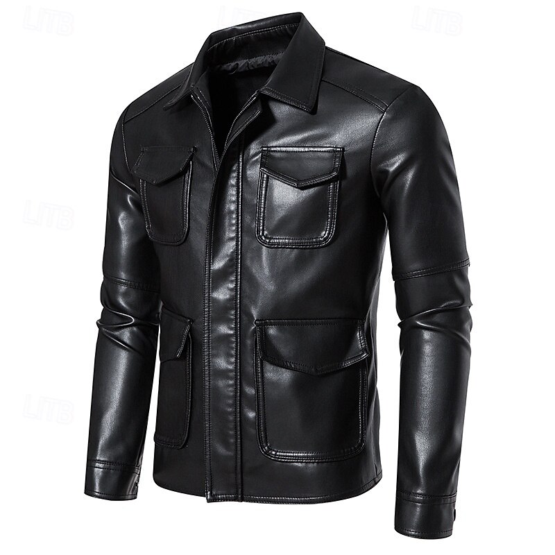 Men's Faux Leather Jacket Motorcycle Jacket Outdoor Casual Windbreaker Minimalist Fleece Collar Fall Winter Solid Color Punk Active Collar Regular Black Jacket3