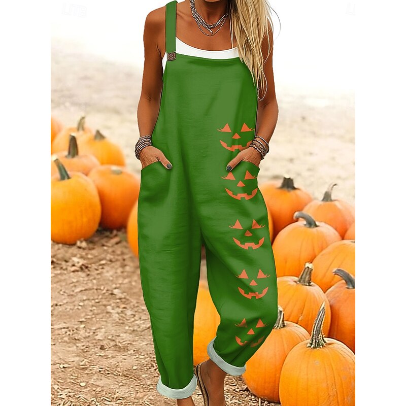 Halloween Women's Jumpsuit Active Graphic Sleeveless Sleeveless Wide Leg Pocket Buttons Vacation Halloween Loose Fit Black White Purple Summer3