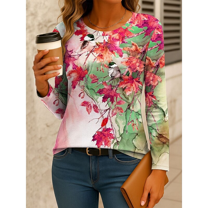 Women's T Shirt Graphic Bird Plants Vintage Stylish Classic Long Sleeve Crew Neck Regular Tops Daily Print Yellow Pink Blue Spring Fall Winter4