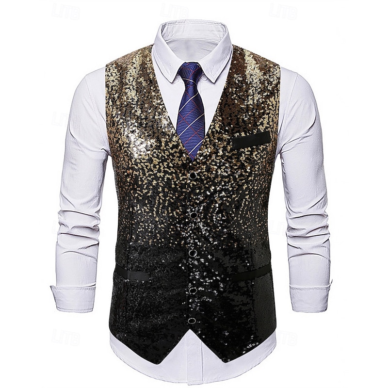 Men's Vest Waistcoat Gilet Vacation Party Business Fashion Casual Spring Fall Sequins Buttons Polyester Comfortable Gradual Single Breasted One-button V Neck Regular Fit Gold Vest2