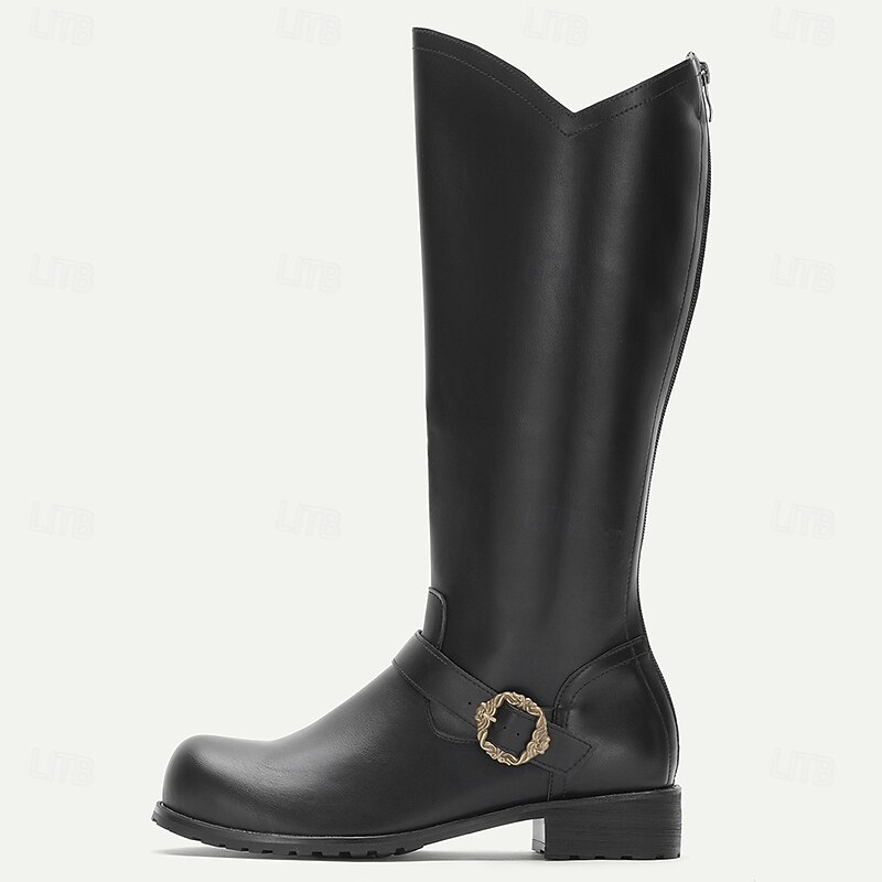 Men's Black Genuine Leather Tall Riding Boots with Buckle Detail – Classic Medieval Inspired Knee High Boots for Festivals, Stage Performance and Halloween Costumes2