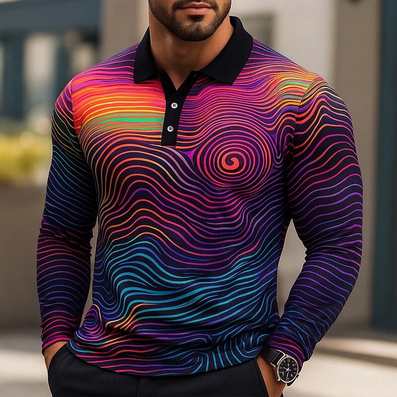 Men's Geometic Line Polo Long Sleeve Polo Shirts Lapel Business Casual Athleisure Daily Wear 3D Print Buttons Spring Fall Winter Black Purple Green
