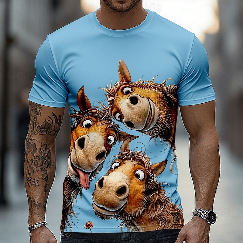 Men's Horse Funny T Shirt Short Sleeve T shirt 3D Print Crew Neck Shirt Exaggerated Designer Party Holiday Lake Blue Black White Summer Spring Clothing Apparel S M L XL XXL XXXL4