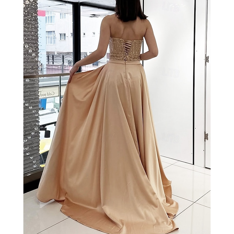 Champagne Sheath / Column Sequined Evening Gown with Detachable Satin Overskirt Elegant Dress Formal Wedding Sweep / Brush Train Sleeveless Pleats Lace Up 20254