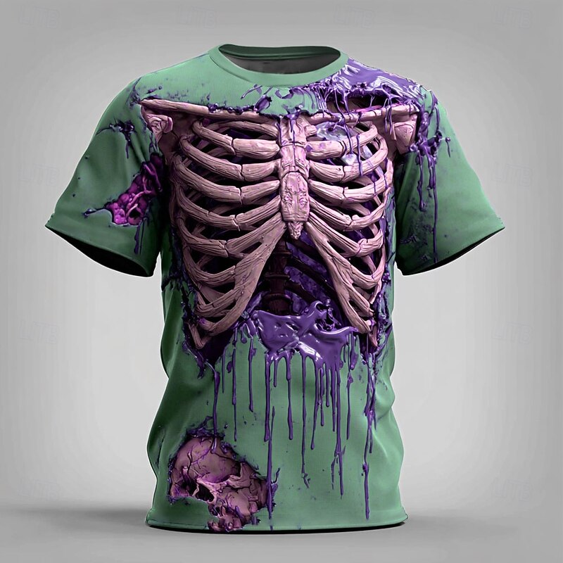 Halloween Men's Optical Illusion 3D Skeleton T Shirt Short Sleeve T shirt 3D Print Crew Neck Shirt Exaggerated Designer Horror Party Street Holiday Yellow Blue Purple Summer Spring All Seasons4