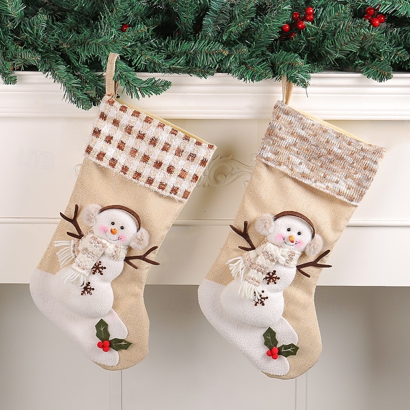 1 PC Christmas Stocking Large Gift Bag with Snowman Plaid Stripe Cuff Hanging Ornament for Christmas Tree Holiday Party Home Fireplace Winter Festival Decoration