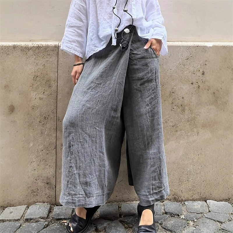 Women's Wide Leg Linen Pants Pants Trousers Fashion Streetwear Full Length High Waist Plain Pocket Breathability Comfortable Street Daily Wear Going out Camel Black White Gray Spring Fall Regular Fit2