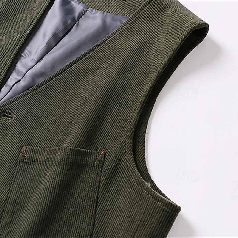 Men's Corduroy Vest Vest Waistcoat Gilet Vacation Party Business Fashion Casual Spring Fall Pocket Buttons Polyester Comfortable Plain Single Breasted One-button V Neck Regular Fit Black Green Coffee4