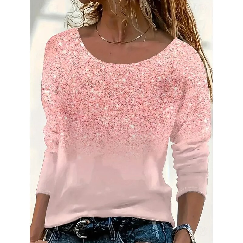 Women's Plus Size T Shirt Floral Color Gradient Oil painting flowers Fashion Long Sleeve Crew Neck Regular Tops Daily Going out Weekend Print Black Pink Purple Green Gray Spring Fall2