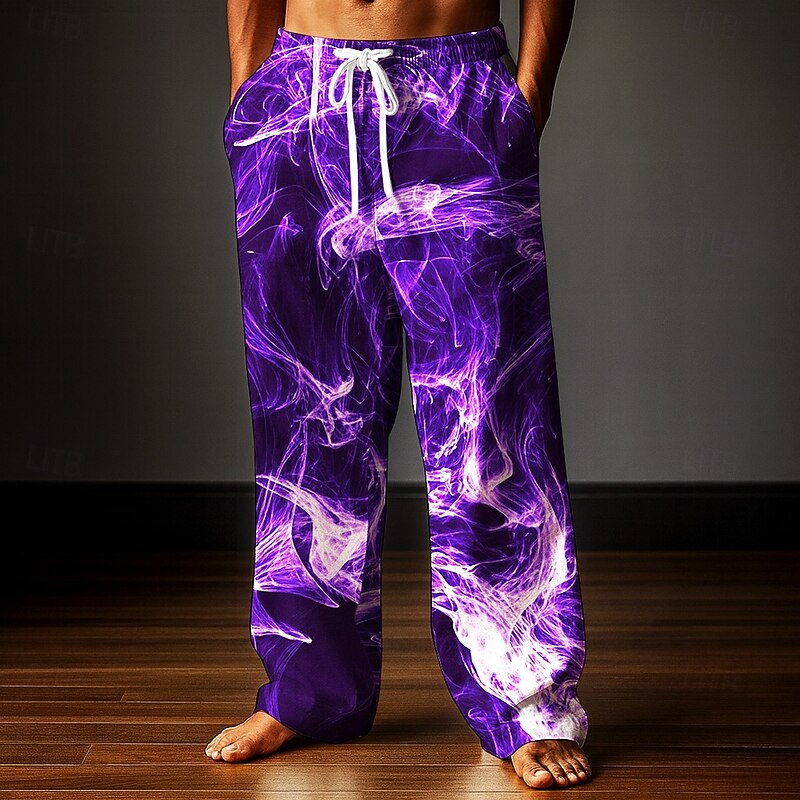 Halloween Men's Smoke Halloween Costumes Trousers Baggy Pants Casual Pants Mid Waist Dark Gothic Style Holiday Elastic Drawstring Waist Linen-Like Pants with Pockets Spring Fall 3D Print Blue Purple