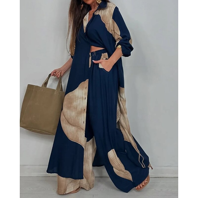 Women's Active Streetwear Shirt Blouse Pants Sets Long Sleeve Shirt Collar Floral Print Split Thigh Vacation Casual Daily Wine Red Dark Navy Fall Regular Fit3