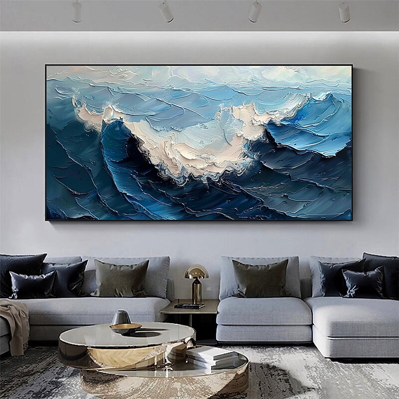 Handmade Original Blue Ocean Waves Oil Painting On Canvas Abstract Seascape Wall Art for Home Decor With Stretched Frame Without Inner Frame Painting4