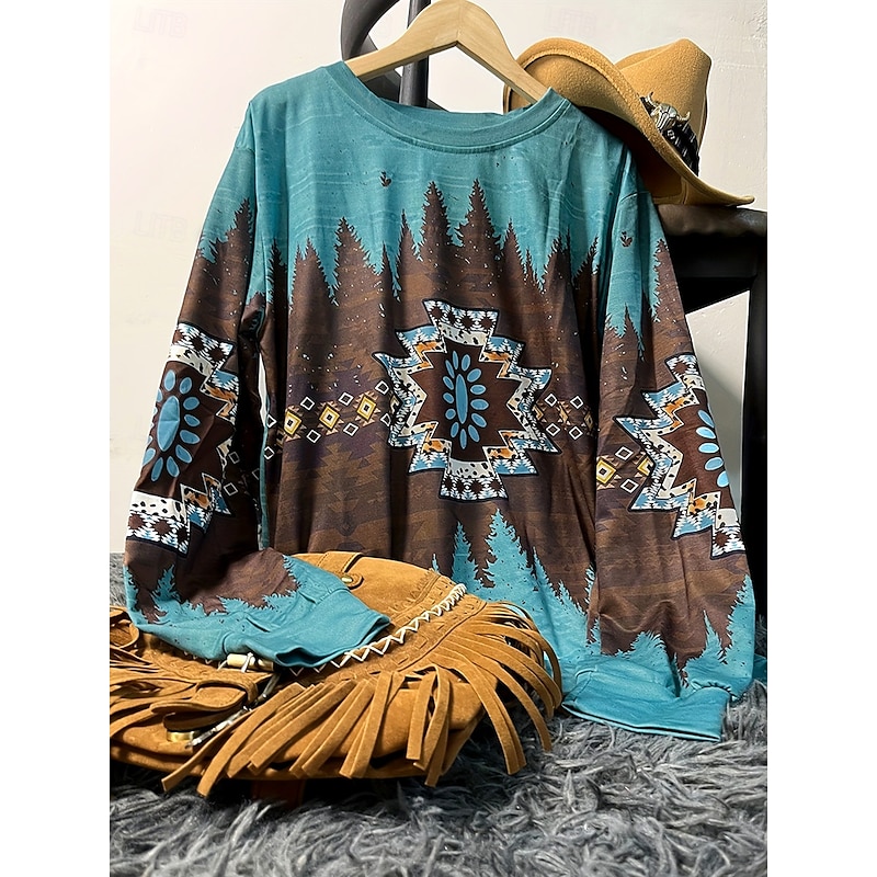 Women's Pullover Sweatshirt Graphic Geometric Tribal Warm Active Vintage Long Sleeve Crew Neck Regular Tops Street Dailywear Casual Patchwork Print Green Khaki Gray Spring Fall Winter2