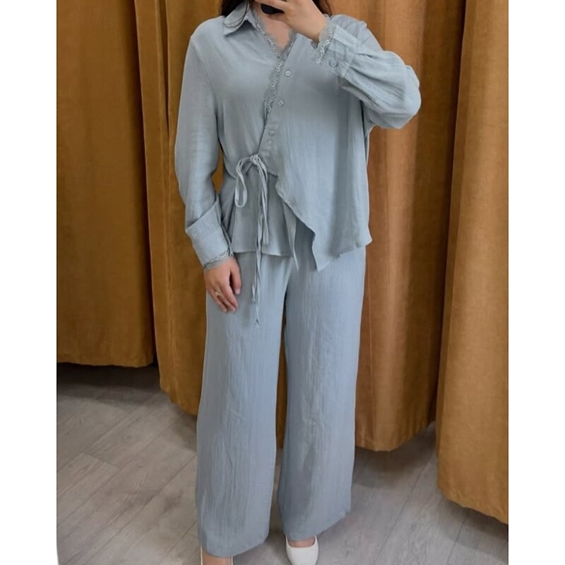 Women's Active Fashion Blouse Pants Sets Long Sleeve Shirt Collar Solid Color Lace Patchwork Outdoor Vacation Holiday White Navy Blue Light Blue Fall Regular Fit2
