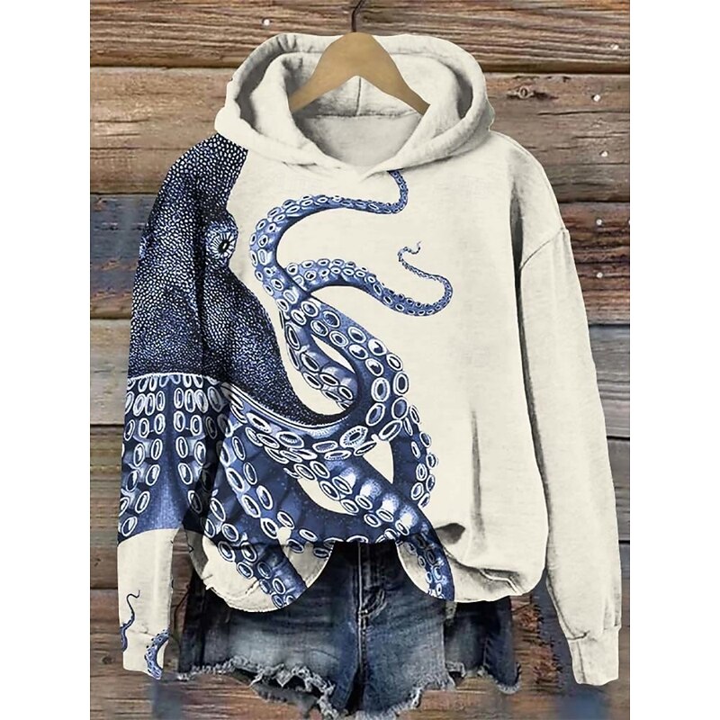 Women's Pullover Hoodie Sweatshirt Animal Streetwear Casual Long Sleeve Hooded Regular Tops Street Holiday Pocket Print Blue Green Khaki Fall Winter - Main Image