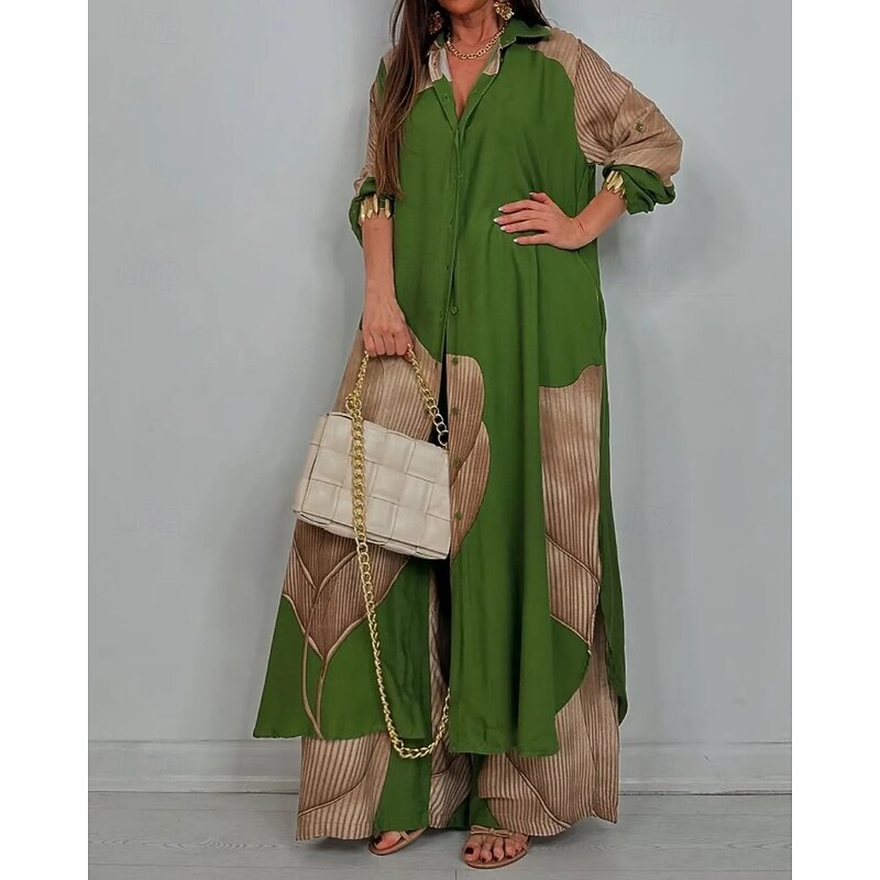 Women's Active Streetwear Shirt Blouse Pants Sets Long Sleeve Shirt Collar Floral Print Split Thigh Vacation Casual Daily Wine Red Dark Navy Fall Regular Fit4