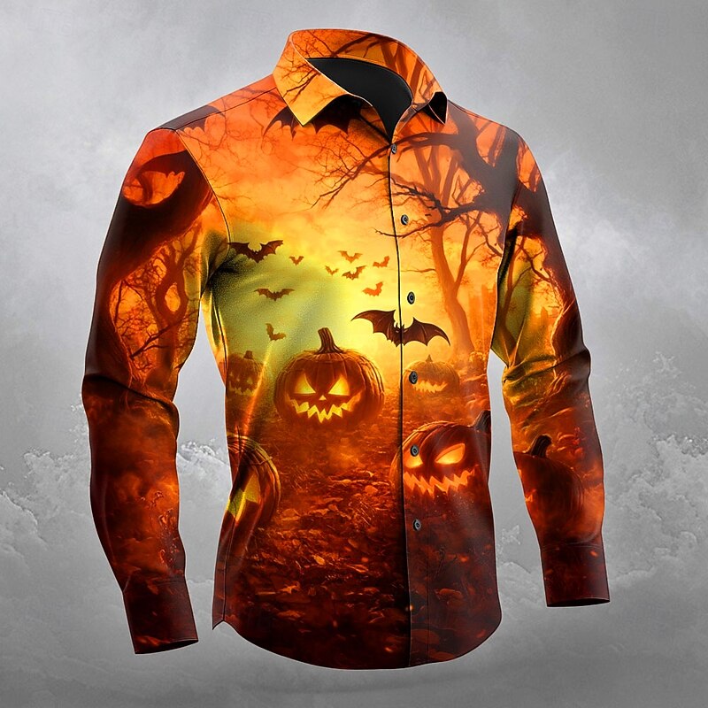 Halloween Men's Pumpkin Halloween Costumes Jack-o'-lantern Shirt Button Up Shirt Long Sleeve Dark Gothic Style Outdoor Holiday Spring Fall Turndown 3D Print Collared Shirts Orange red Yellow Black2