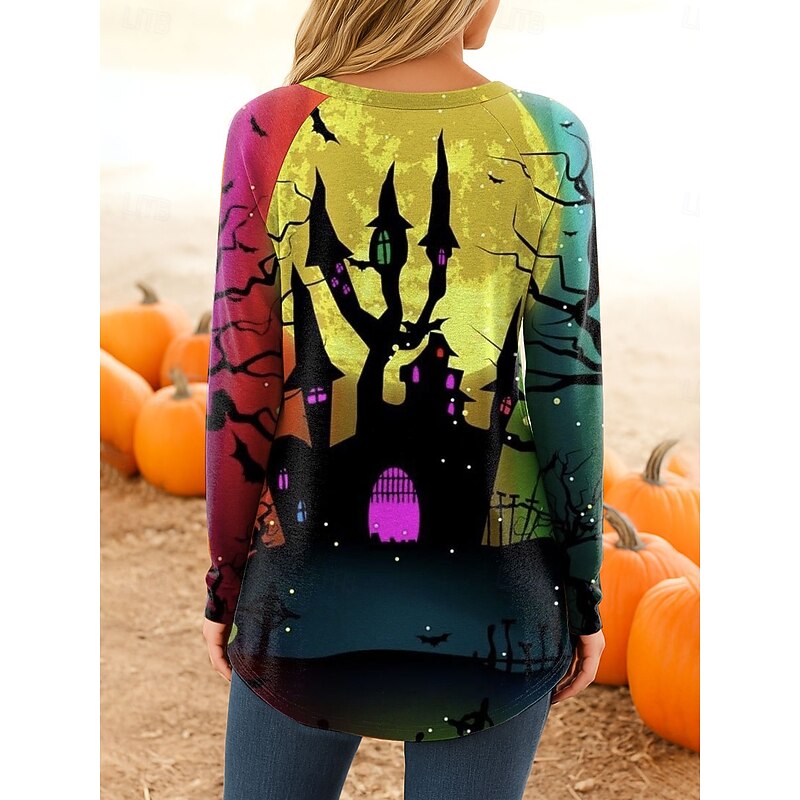 Halloween Women's T Shirt Castle Ombre Graphic Vintage Stylish Classic Long Sleeve Crew Neck Regular Tops Daily Print Yellow Pink Blue Orange Spring Fall2