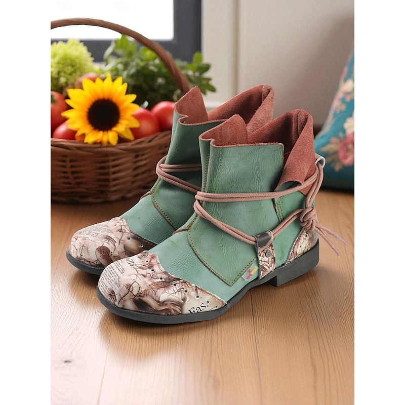 Women's Artistic Patchwork Boots – Colorful Lace-Up Ankle Boots for Creative Streetwear, Urban Gardening and Weekend Getaways