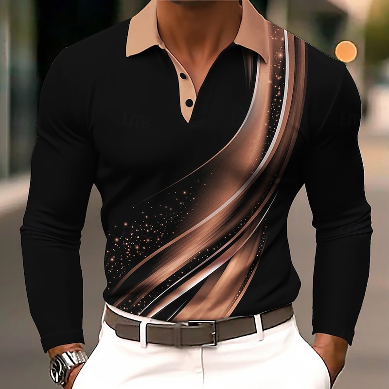 Men's Geometic Line Polo Long Sleeve Polo Shirts Lapel Business Casual Athleisure Daily Wear 3D Print Buttons Spring Fall Winter Blue Purple Brown3