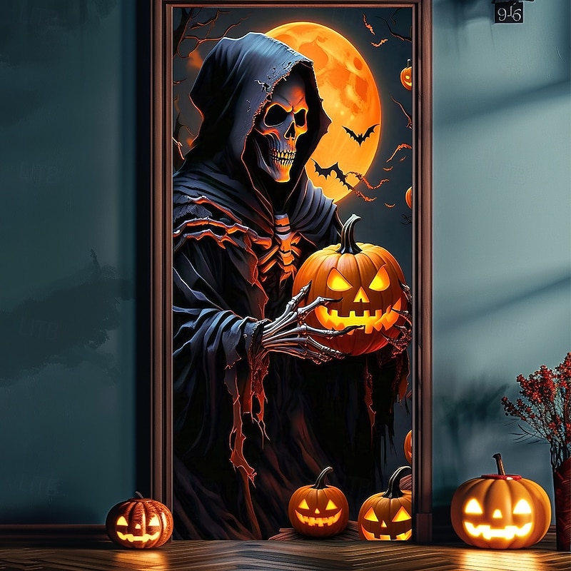 Halloween Door Cover Outdoor Banners Grim Reaper Pumpkin Psychedelic Dark Punk Gothic Style Party Outdoor Shooting Backgrounds Front Door Wall Porch Home Decor2