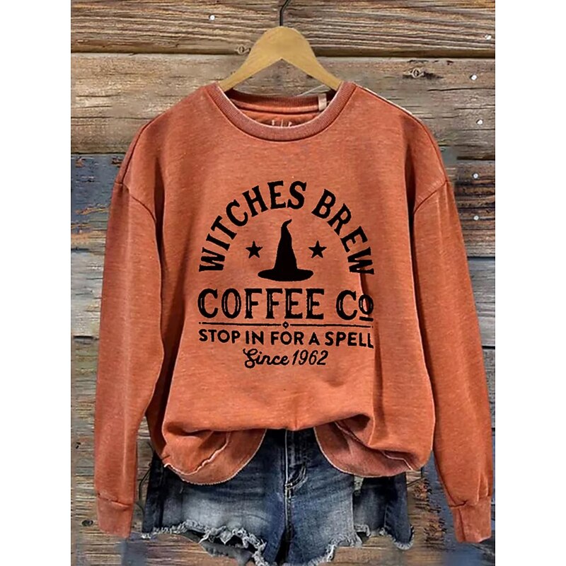 Halloween Women's Pullover Sweatshirt Witch Graphic Letter Fashion Casual Long Sleeve Crew Neck Regular Tops Street Dailywear Casual Print Black Orange Green Fall Winter3