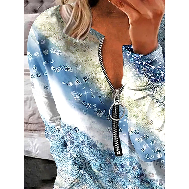 Women's Pullover Sweatshirt Zip Up Sweatshirts Graphic Polka Dot Striped Fashion Casual Long Sleeve Crew Neck Regular Tops Street Dailywear Zipper Print Blue Spring Fall Winter2