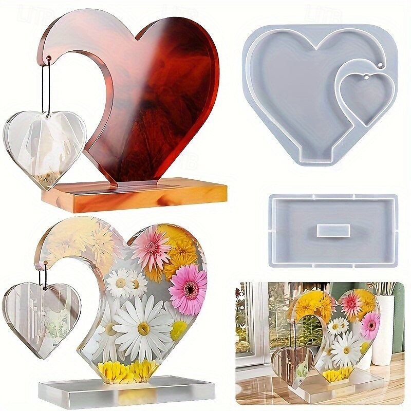 Large Heart Display Resin Silicone Casting Mold 1set, DIY Photo Heart Shape Silicone Mold for Home Decoration Wedding Ornament Graduation Souvenir