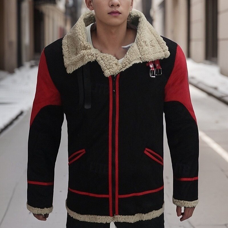 Men's Winter Jacket Sherpa Jacket Vacation Daily Thermal Warm Pocket Fleece Winter Color Block Fashion Streetwear Lapel Regular Yellow Red Blue Coffee Jacket2