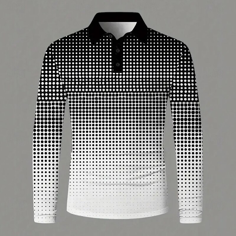Men's Geometric Polo Long Sleeve Polo Shirts Lapel Business Casual Outdoor Business Daily Wear 3D Print Buttons Spring Fall Black-white2