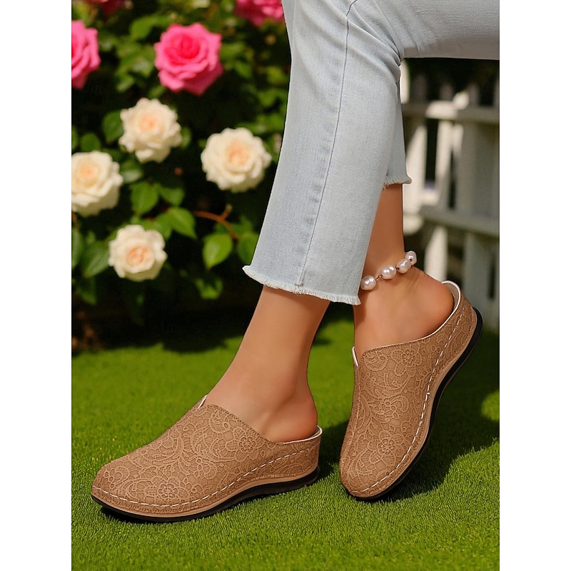 Women's Faux Leather Slip-On Mules – Breathable Lace-Patterned Comfort Clogs for Gardening, Housewear and Casual Outfits4