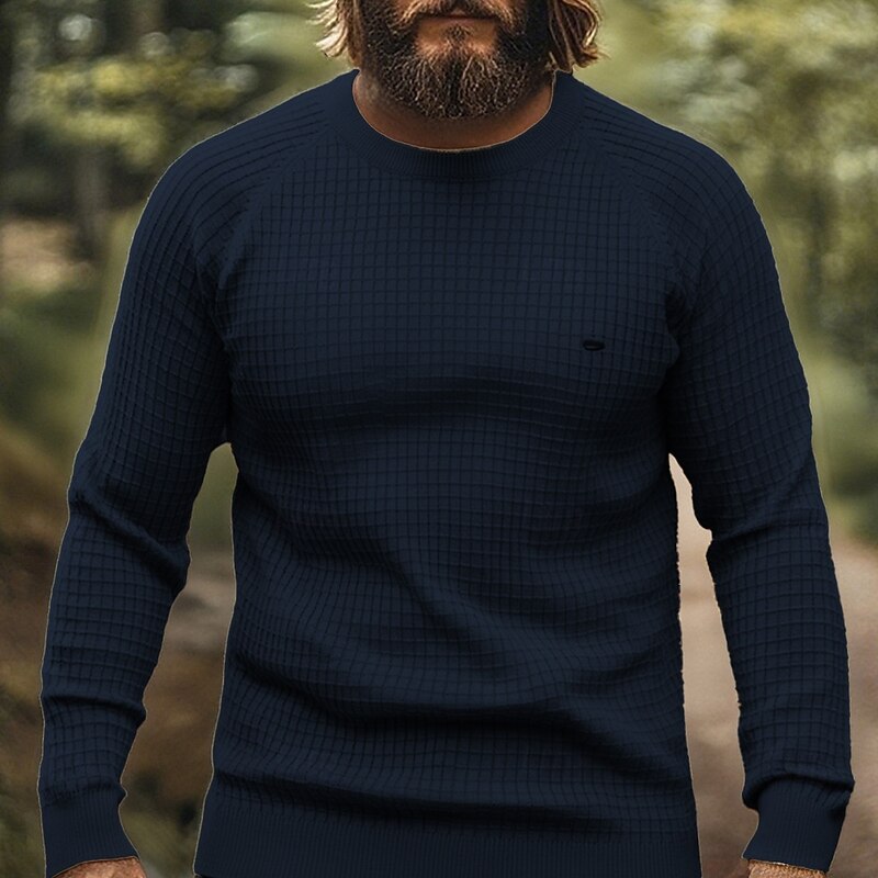 Men's Pullover Sweater Jumper Knit Sweater Waffle Knit Regular Tops Knitted Plain Crew Neck Fashion Basic Vacation Daily Wear Clothing Apparel Fall Winter Navy Blue Blue S M L3