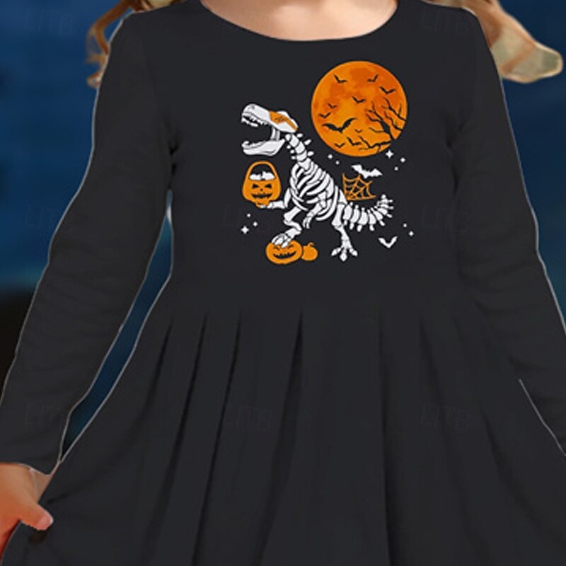 Halloween Girls' 3D Pumpkin Dinosaur Dress Long Sleeve Summer Spring Vacation Daily Holiday Princess Beautiful Sweet Kids 4-12 Years Casual Dress A Line Dress Knee-length Regular Fit2